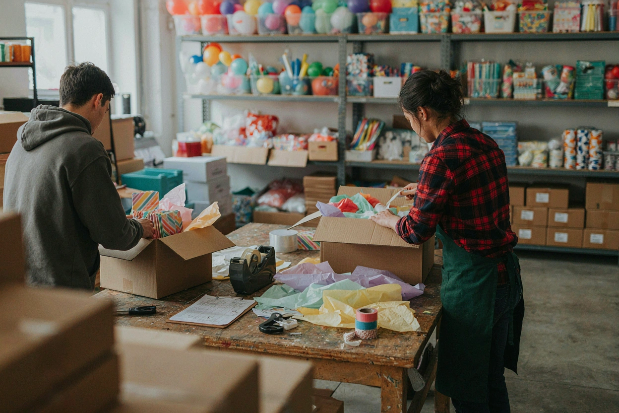 Atelier de préparation de commandes avec cartons ouverts et articles de fête