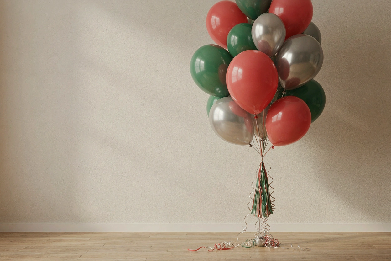 Grappe de ballons en latex rouge, vert et argent devant un mur crème