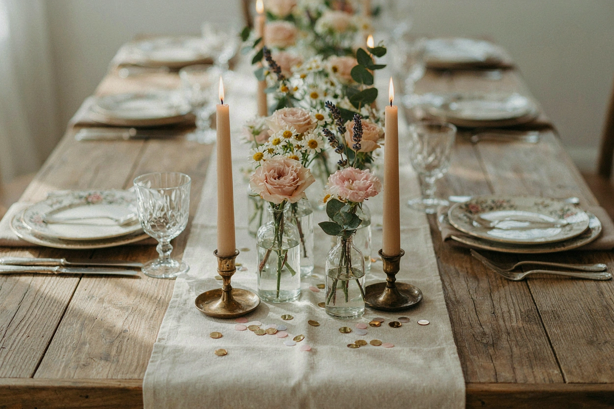 Centre de table avec bougies, petites fleurs et confettis