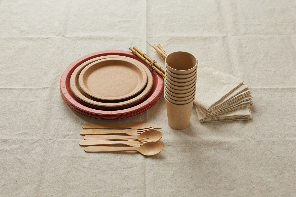 Assiettes en carton kraft, gobelets et couverts en bois
