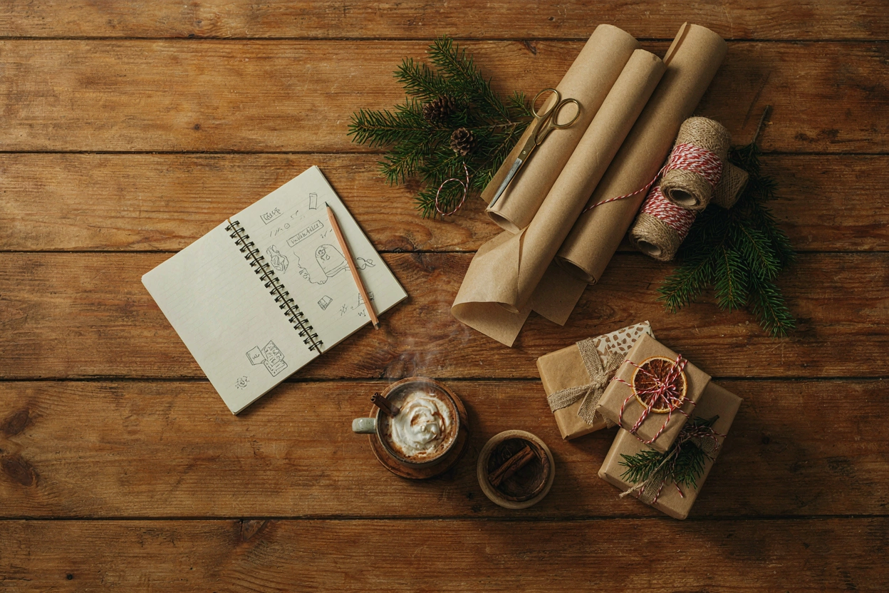 Préparatifs de Noël : carnet, papier kraft, ficelle et branches de sapin