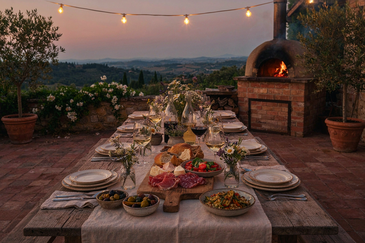 Repas de fête sur une terrasse avec four à pizza allumé en arrière-plan