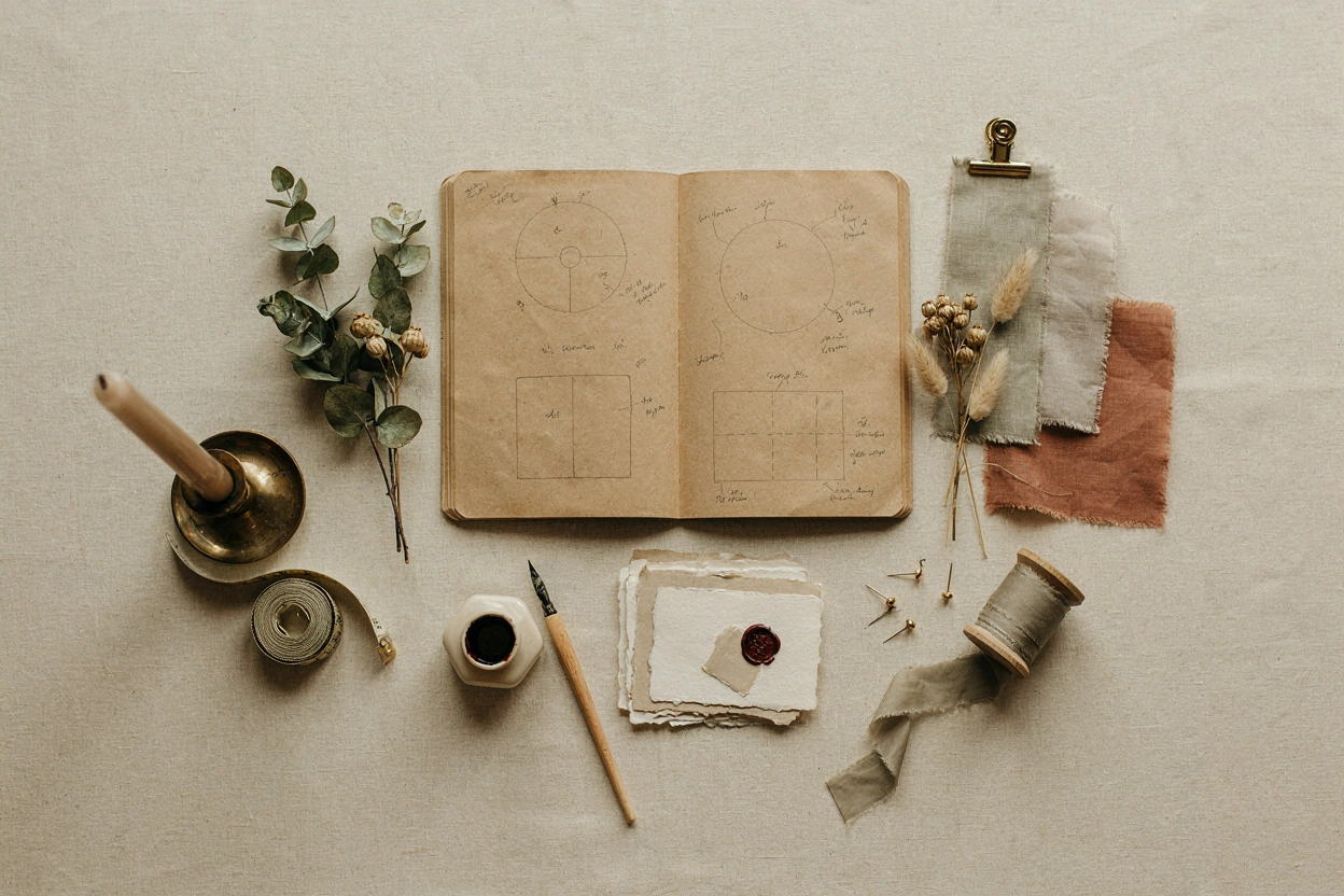 Échantillons de tissus et de fleurs séchées pour une table de mariage