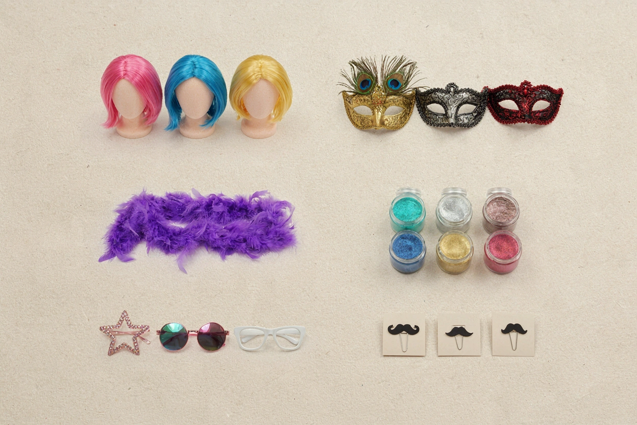 Accessoires de fête : perruques colorées, masques vénitiens, boa et maquillage