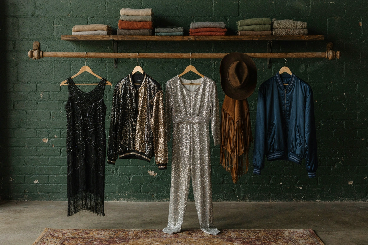 Costumes adultes sur portant en bois : robe à franges, veste à sequins, chapeau