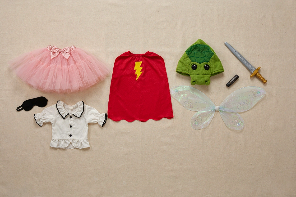 Déguisements d'enfant à plat : cape, tutu, chapeau de pirate et ailes de fée