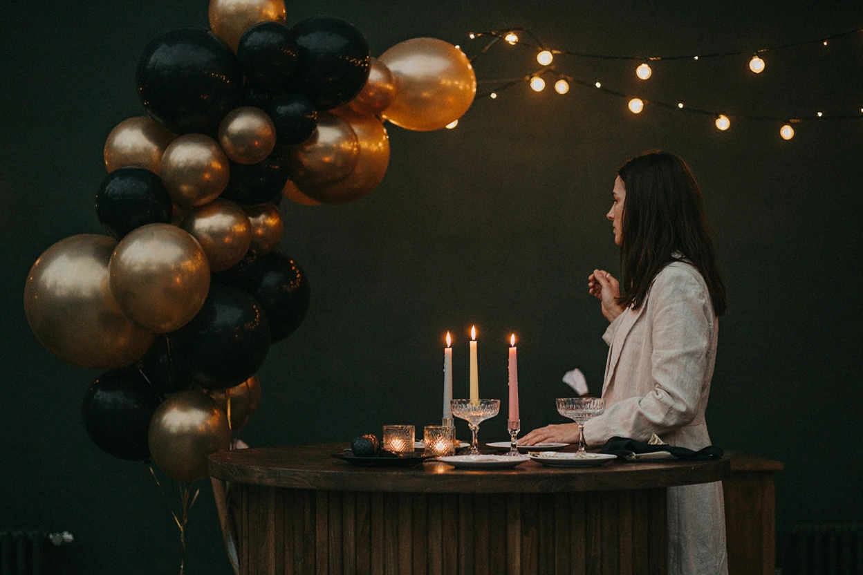 Décoration d'anniversaire adulte avec ballons dorés, bougies et coupes de champagne