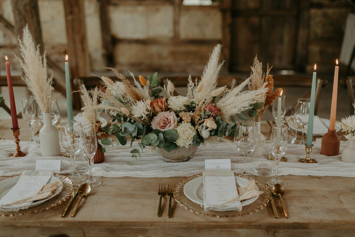 Table de mariage bohème avec chemin de table en lin, eucalyptus et bougies