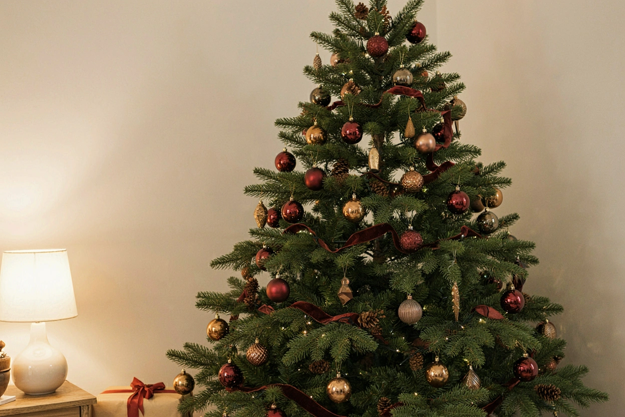 Salon décoré pour Noël avec sapin, boules bordeaux et cadeaux emballés