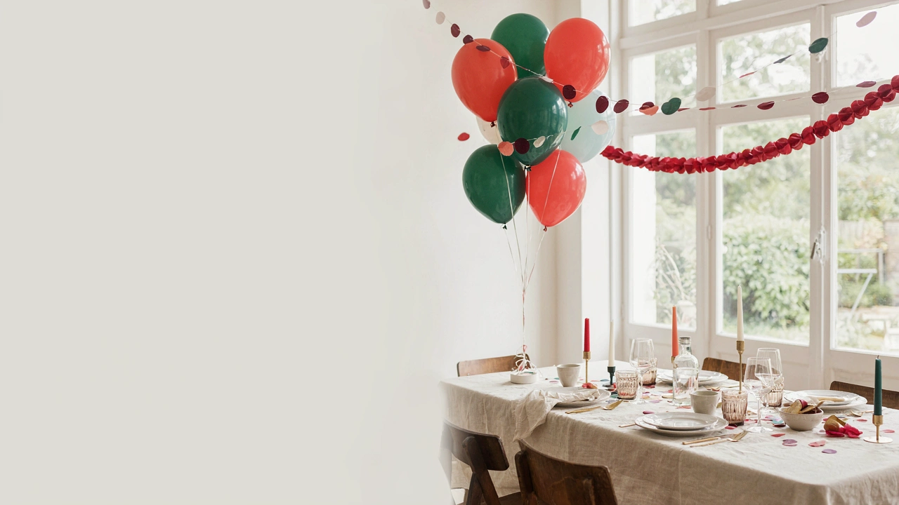 Grande table de fête dressée avec ballons, guirlandes de papier et confettis