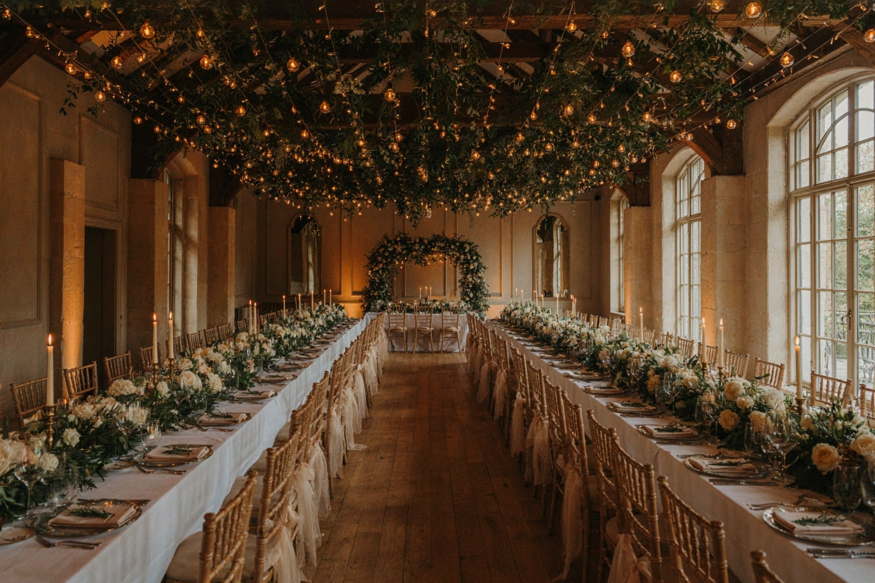Salle de réception de mariage avec guirlandes lumineuses et longues tables