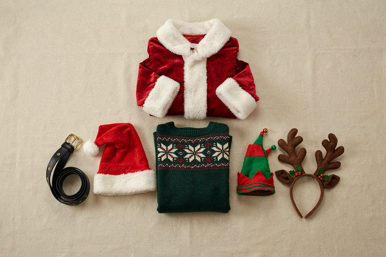 Costume de Père Noël en velours rouge, bonnet et serre-tête de renne