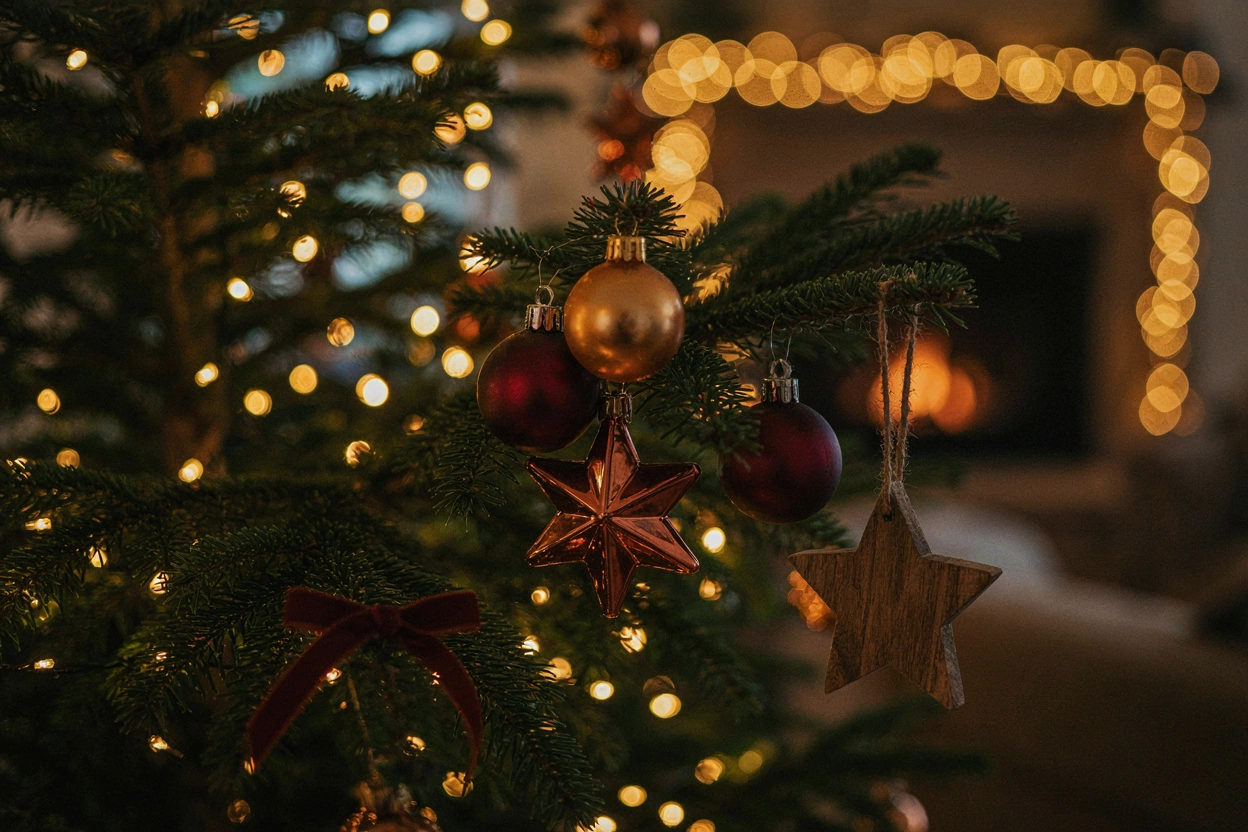 Branche de sapin décorée de boules bordeaux mat et de ruban de velours