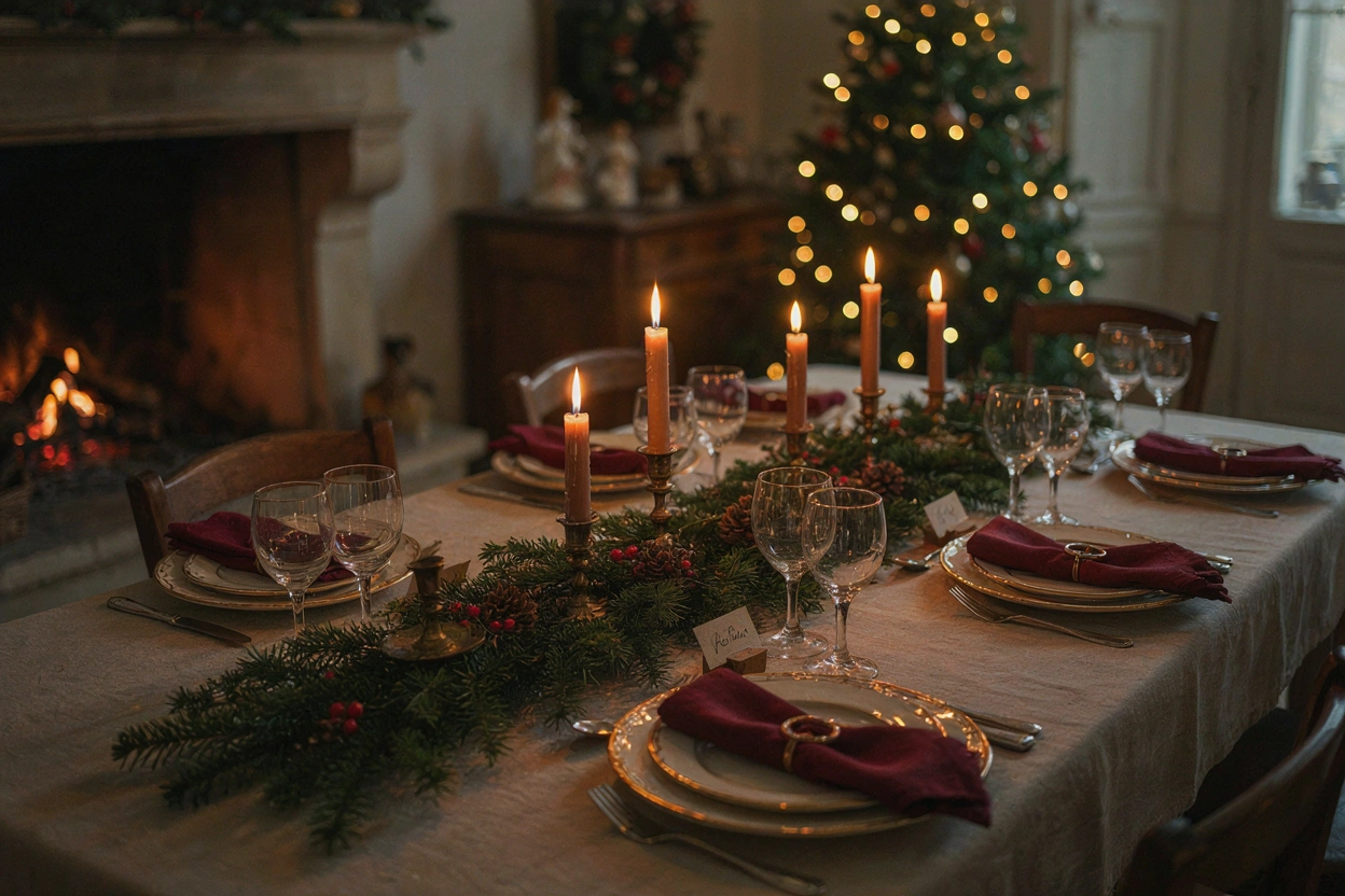 Table de Noël dressée avec serviettes bordeaux, bougies et branches de sapin